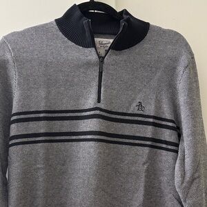 Original Penguin Men's Gray and Black Striped Zip-Up Sweater
